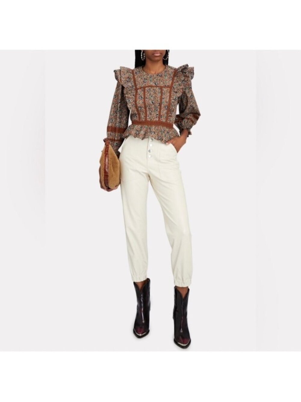 Veronica Beard Bolton Cropped Faux Leather Cargo Pocket Pants High Rise in Ecru